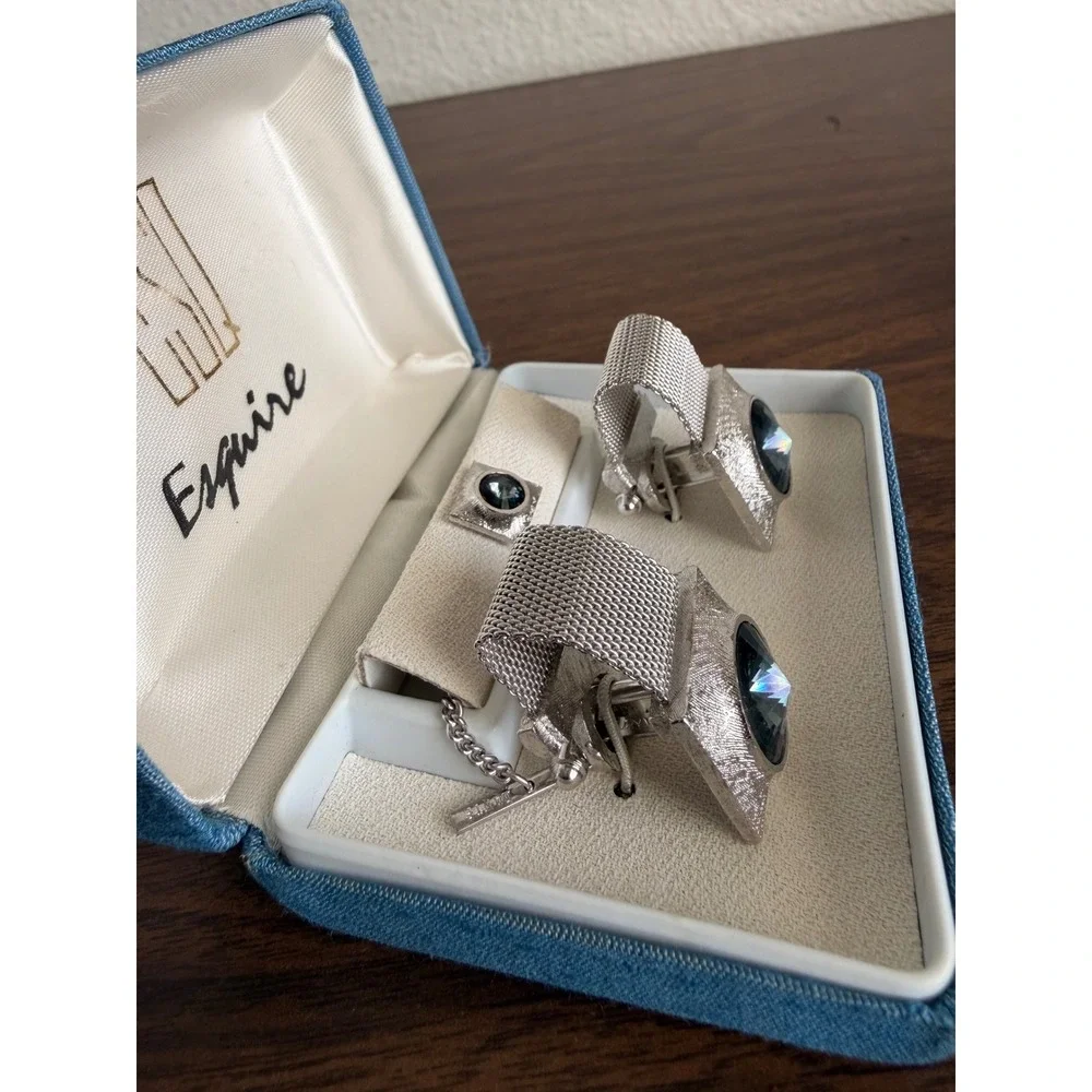 Vintage Esquire Dante Rivoli Rhinestone Mesh Cufflinks Tie Tack Set Silver Tone